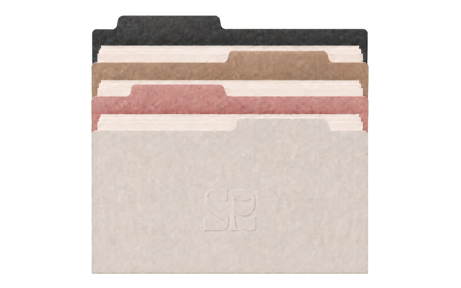 Four tactile file folders in the Systems Refinery palette with an embossed SR monogram